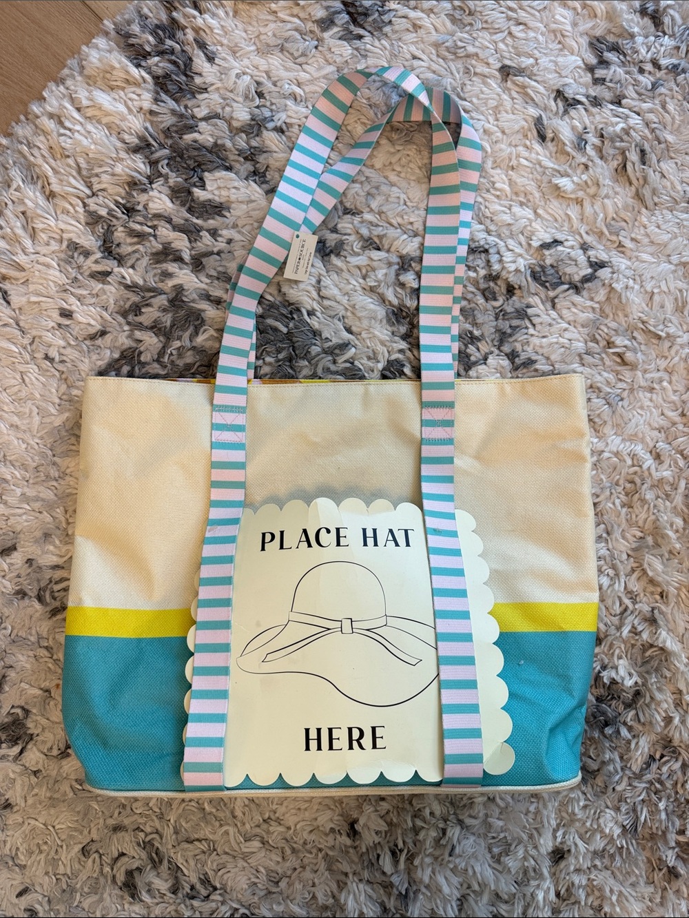Canvas Beach Tote with hat holder and Striped Handles - Yellow & Teal Accent